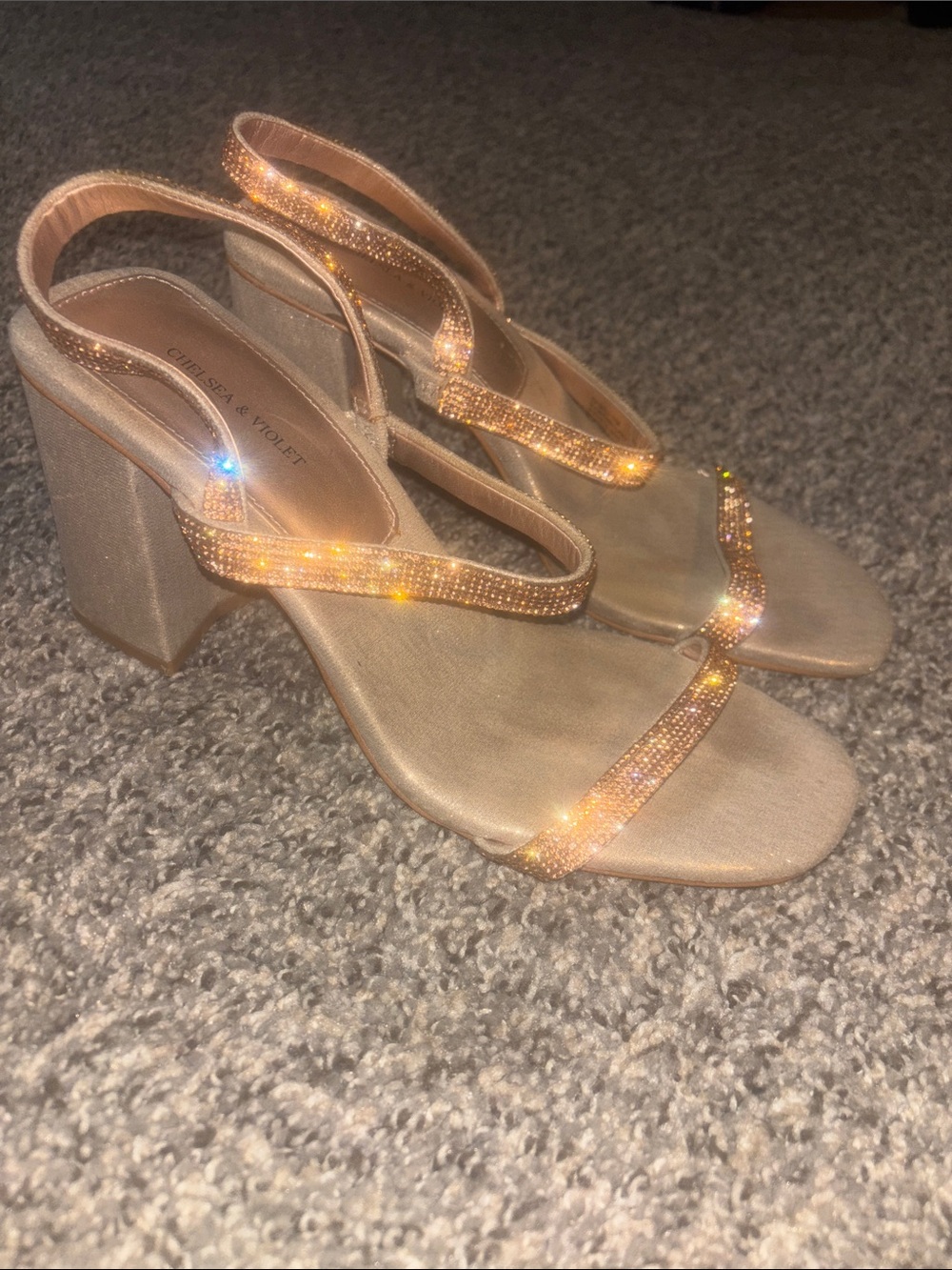 Chelsea & Violet Gold Crystal Strap Block Heels